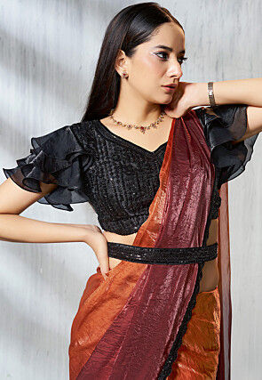 Pre Stitched Art Silk Saree in Shaded Orange and Maroon