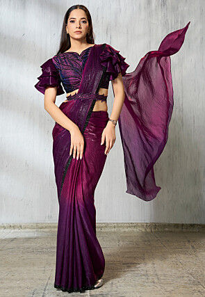 Pre Stitched Crushed Art Silk Scalloped Saree in Shaded Purple