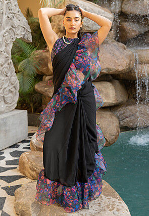 Pre Stitched Georgette Saree in Black
