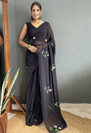 Pre Stitched Georgette Saree in Black