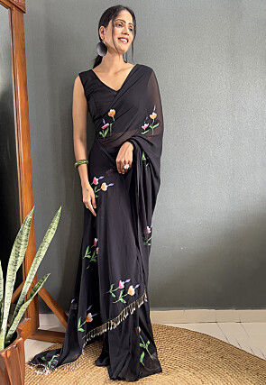 Pre Stitched Georgette Saree in Black