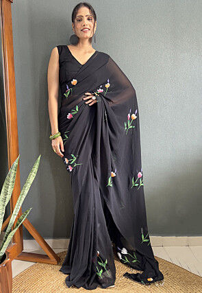 Pre Stitched Georgette Saree in Black