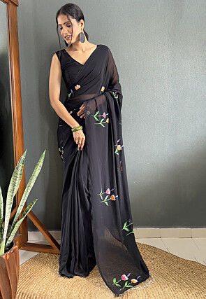 Pre Stitched Georgette Saree in Black