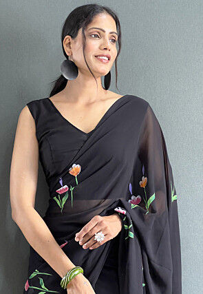 Pre Stitched Georgette Saree in Black