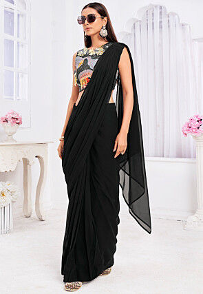 Pre Stitched Georgette Saree in Black