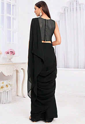 Pre Stitched Georgette Saree in Black
