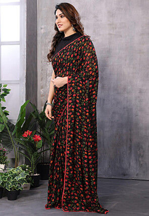 Pre Stitched Georgette Saree in Black