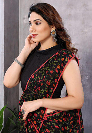 Pre Stitched Georgette Saree in Black