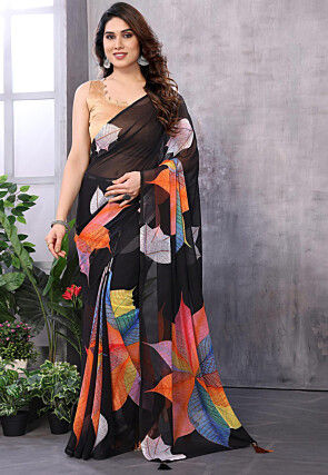 Pre Stitched Georgette Saree in Black