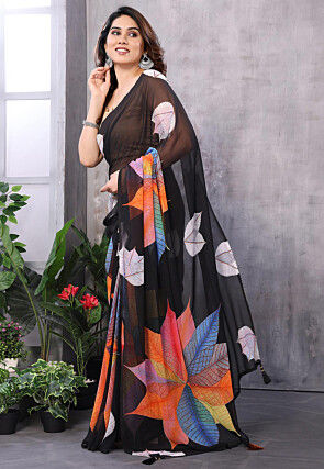 Pre Stitched Georgette Saree in Black