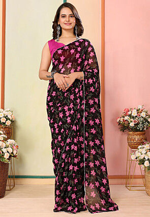 Pre Stitched Georgette Saree in Black