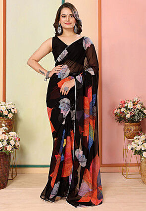 Pre Stitched Georgette Saree in Black