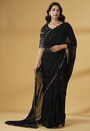Pre Stitched Georgette Saree in Black