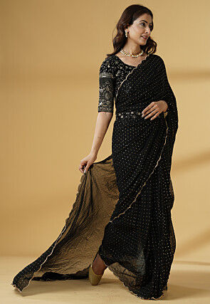 Pre Stitched Georgette Saree in Black