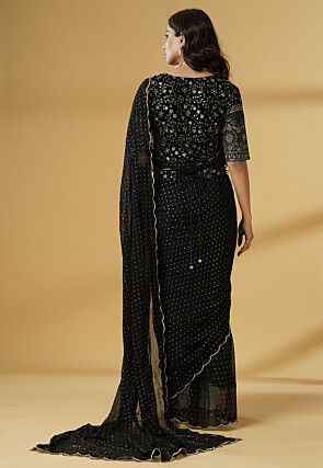 Pre Stitched Georgette Saree in Black