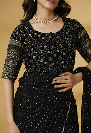 Pre Stitched Georgette Saree in Black