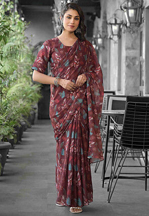 Pre Stitched Georgette Saree in Brown