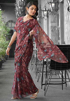 Pre Stitched Georgette Saree in Brown