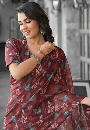Pre Stitched Georgette Saree in Brown