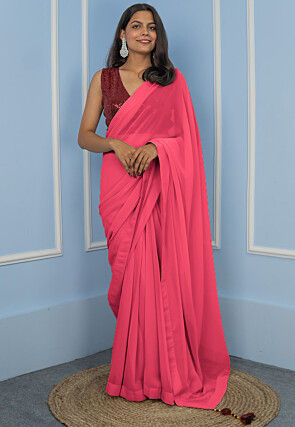 Pre Stitched Georgette Saree in Coral Pink
