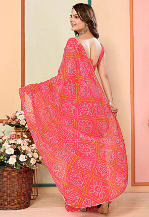 Pre Stitched Georgette Saree in Coral Pink