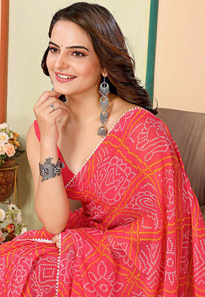 Pre Stitched Georgette Saree in Coral Pink