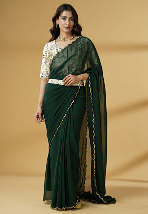 Pre Stitched Georgette Saree in Dark Green