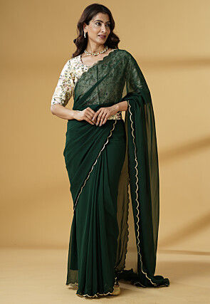 Pre Stitched Georgette Saree in Dark Green