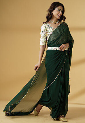 Pre Stitched Georgette Saree in Dark Green