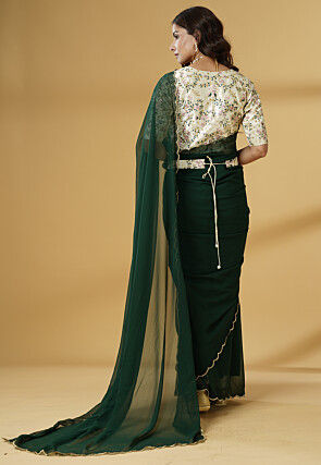 Pre Stitched Georgette Saree in Dark Green