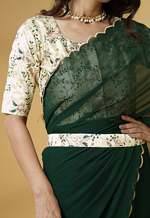 Pre Stitched Georgette Saree in Dark Green