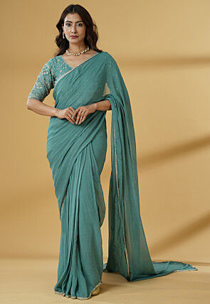 Pre Stitched Georgette Saree in Dusty Green
