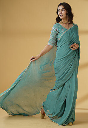 Pre Stitched Georgette Saree in Dusty Green