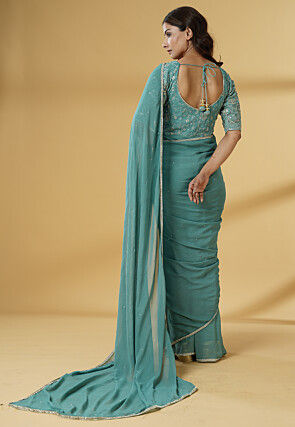 Pre Stitched Georgette Saree in Dusty Green