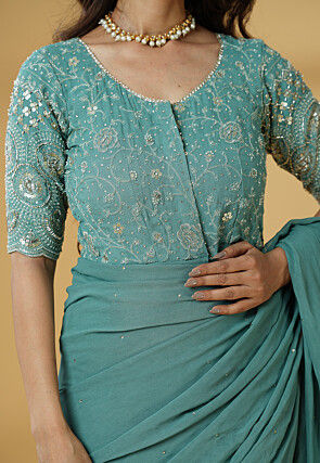 Pre Stitched Georgette Saree in Dusty Green