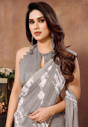 Pre Stitched Georgette Saree in Grey