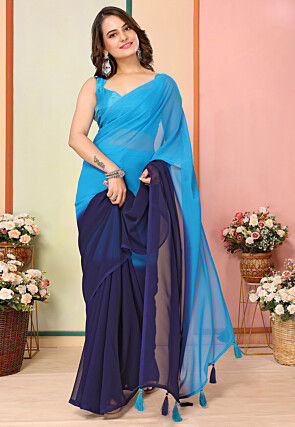 Pre Stitched Georgette Saree in Light Blue and Navy Blue Ombre