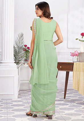 Pre Stitched Georgette Saree in Light Green