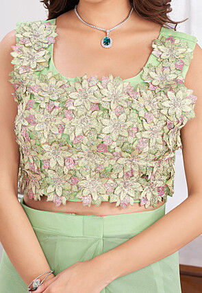 Pre Stitched Georgette Saree in Light Green