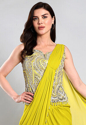 Pre Stitched Georgette Saree in Light Green