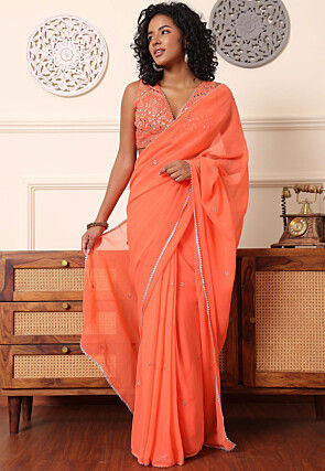 Pre Stitched Georgette Saree in Light Orange