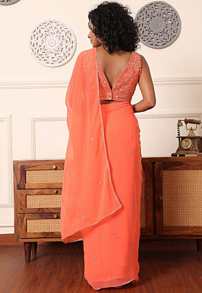 Pre Stitched Georgette Saree in Light Orange