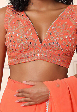 Pre Stitched Georgette Saree in Light Orange