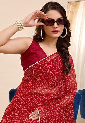 Pre Stitched Georgette Saree in Maroon