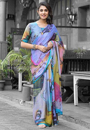 Pre Stitched Georgette Saree in Multicolor