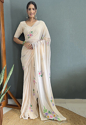 Pre Stitched Georgette Saree in Off White