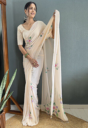 Pre Stitched Georgette Saree in Off White