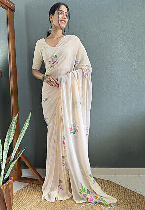 Pre Stitched Georgette Saree in Off White