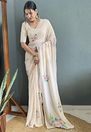 Pre Stitched Georgette Saree in Off White