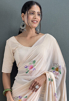 Pre Stitched Georgette Saree in Off White